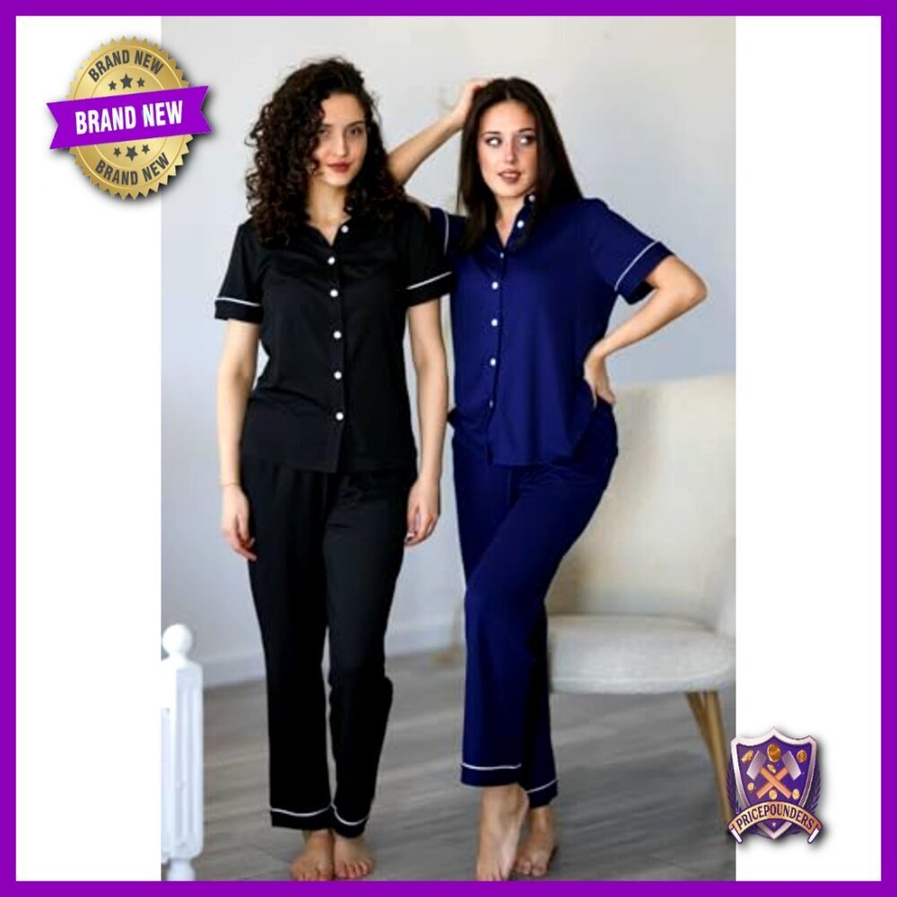 Soft 2-Piece Pajama Set Short Sleeve Button Down Lounge Pants - Picture 3 of 7